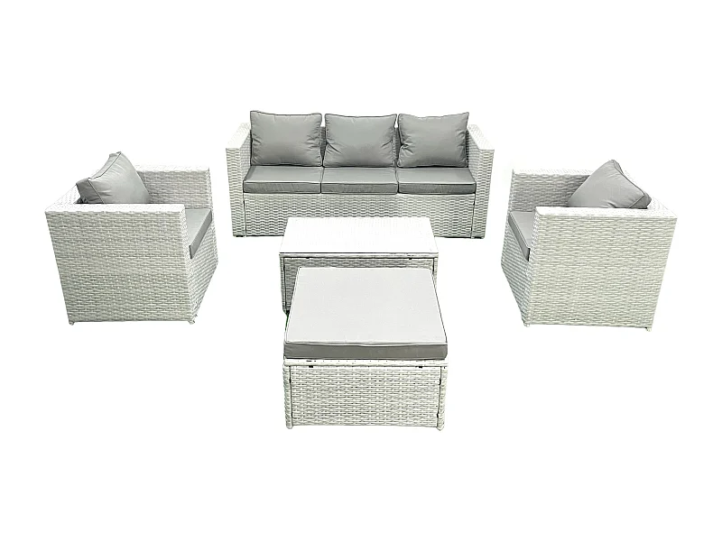 Salon de jardin avec Canapé 3 places 2 Chaise Table basse rectangulaire Grand tabouret Gris clair mixte 6 places