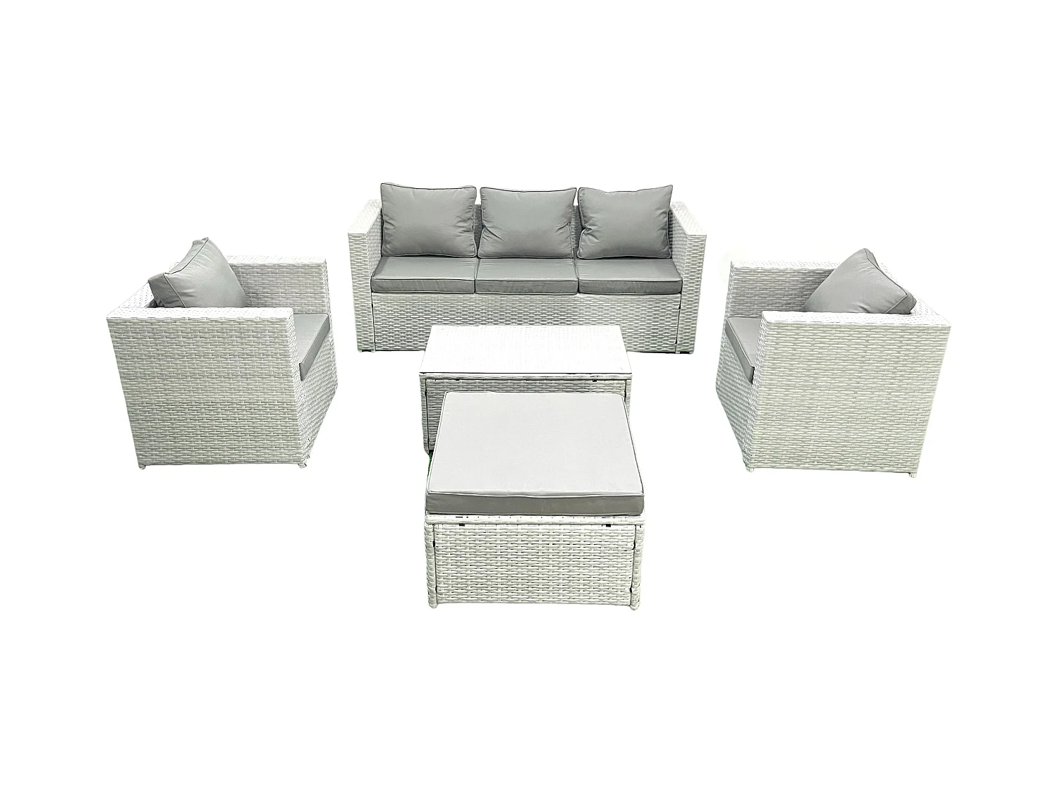 Salon de jardin avec Canapé 3 places 2 Chaise Table basse rectangulaire Grand tabouret Gris clair mixte 6 places