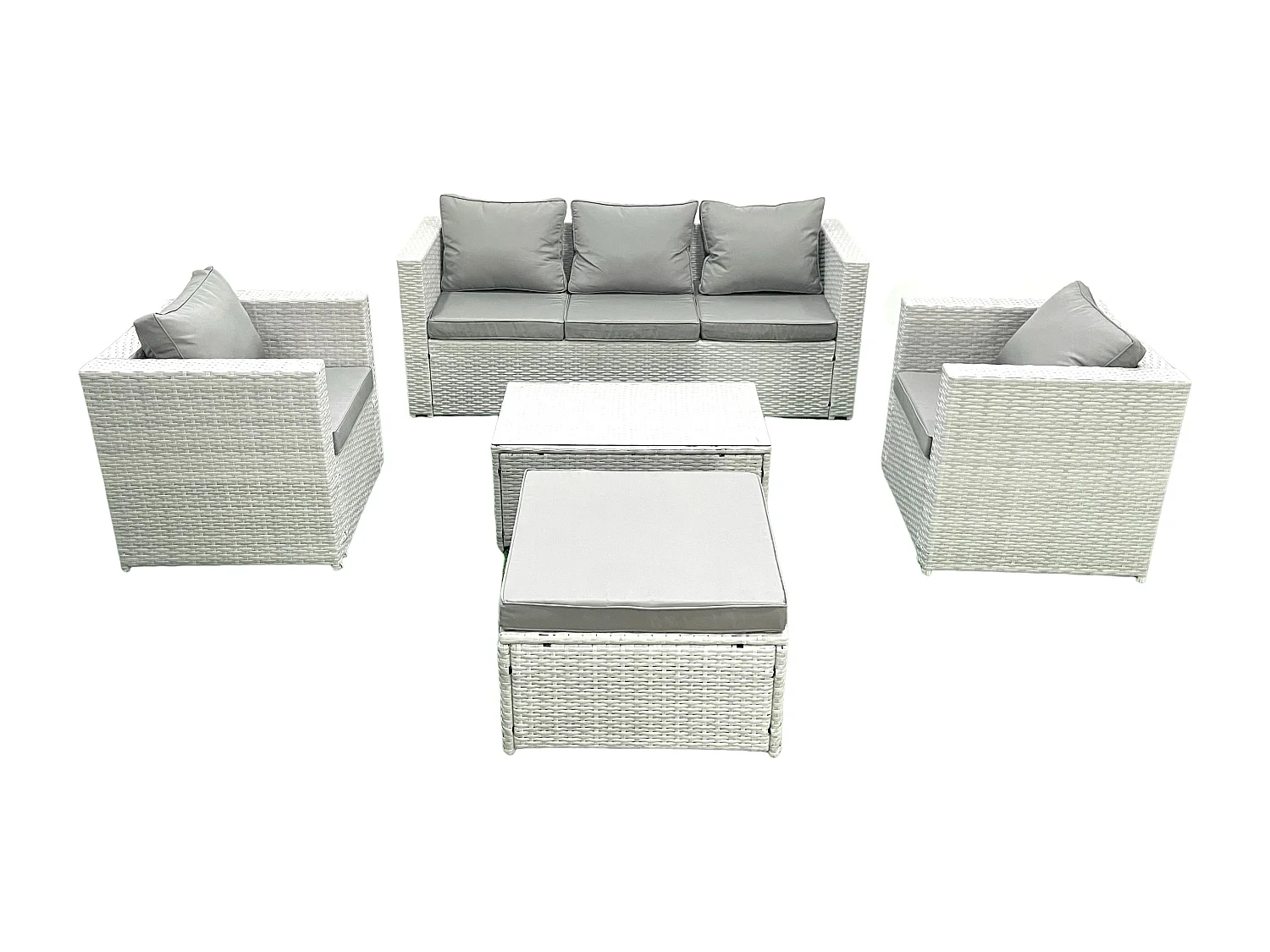 Salon de jardin avec Canapé 3 places 2 Chaise Table basse rectangulaire Grand tabouret Gris clair mixte 6 places