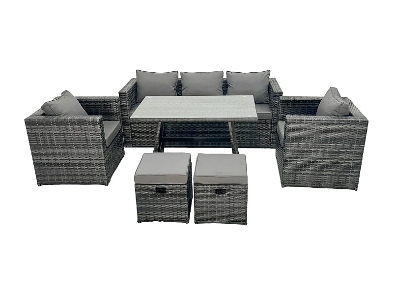 Gris foncé mixte Salon de Jardin Extérieur en Résine avec Fauteuil Table à manger rectangulaire 2 Petits tabourets 7 places