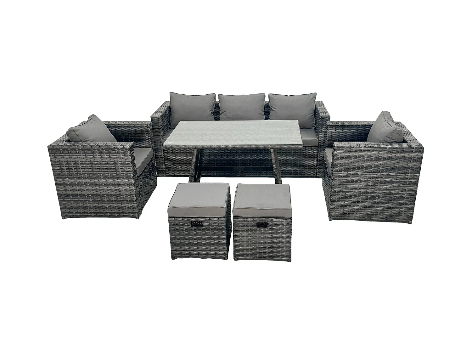 Gris foncé mixte Salon de Jardin Extérieur en Résine avec Fauteuil Table à manger rectangulaire 2 Petits tabourets 7 places