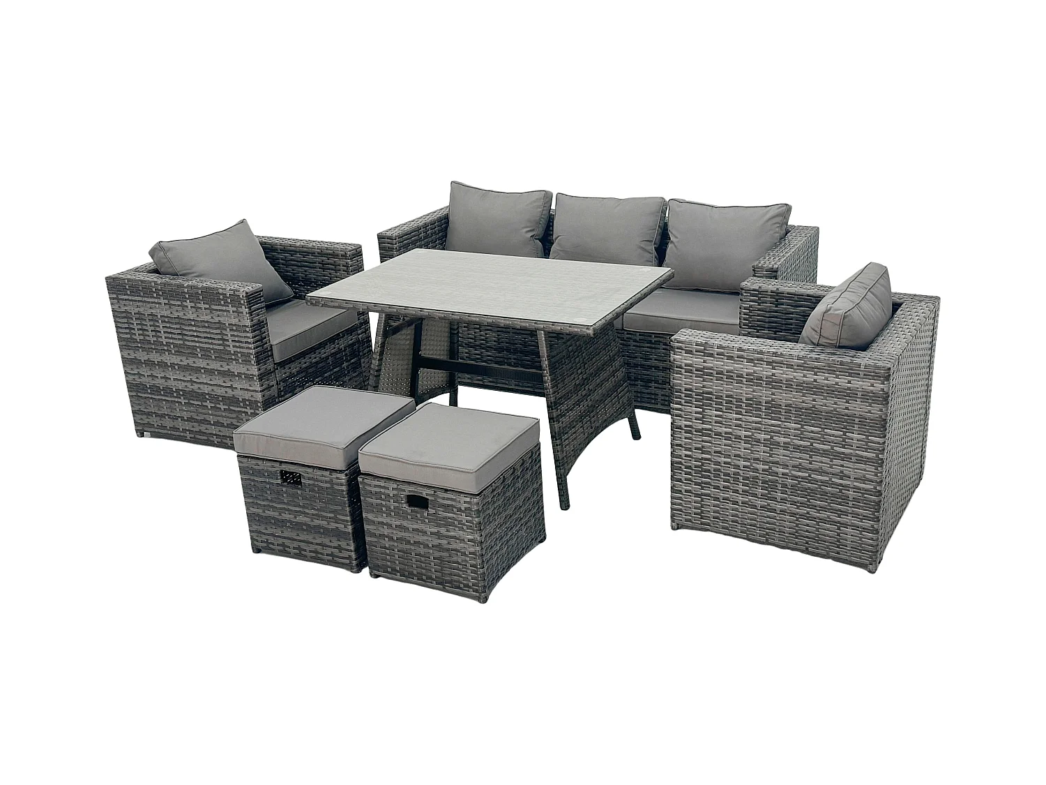 Gris foncé mixte Salon de Jardin Extérieur en Résine avec Fauteuil Table à manger rectangulaire 2 Petits tabourets 7 places