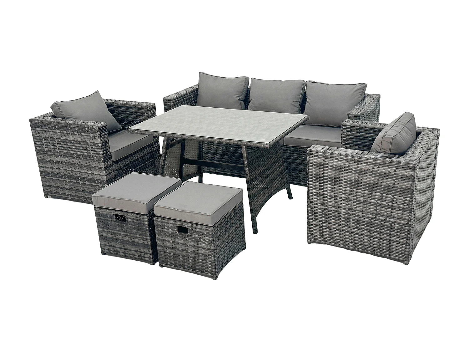 Dunkelgrau Gemischt Rattan Garten Sofa Set 2 Sesseln Rechteckiger Esstisch 2 kleine Hockern 7-Sitzer