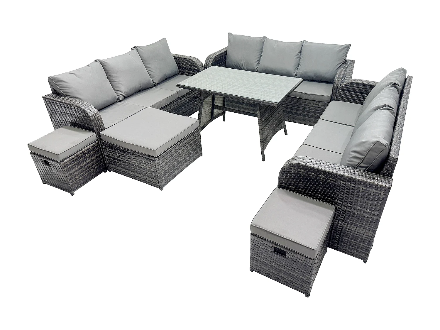 12-Sitzer Polyrattan Gartenmöbel Set mit Rechteckiger Esstisch 3 Hockern Polyrattan Garten Sofa im Freien Set