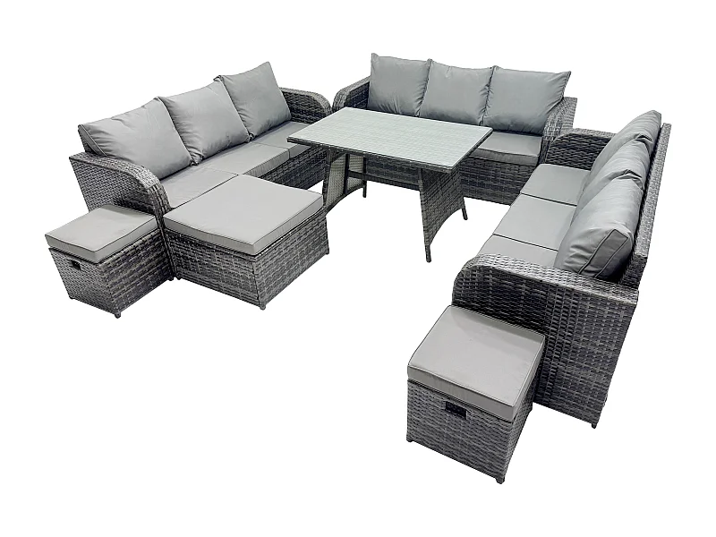 12-Sitzer Polyrattan Gartenmöbel Set mit Rechteckiger Esstisch 3 Hockern Polyrattan Garten Sofa im Freien Set