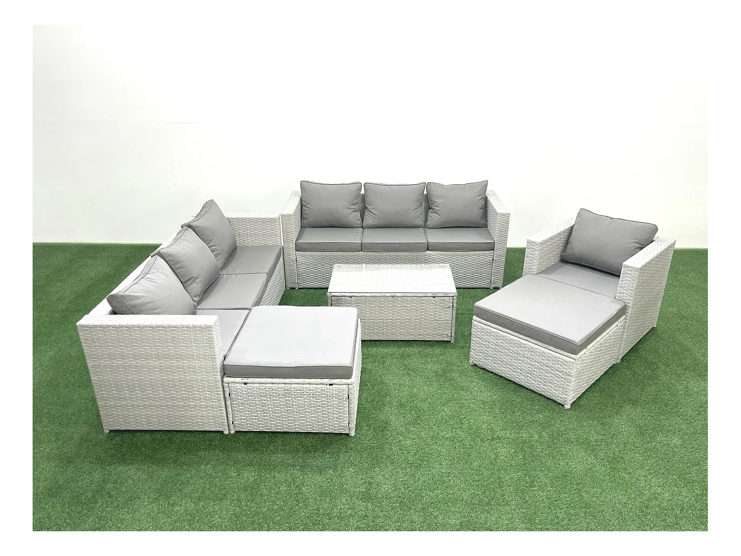 Polyrattan Sofa Gartenmöbel Set mit Sessel Rechteckiger Couchtisch 2 hohen Hockern Hellgrau gemischt