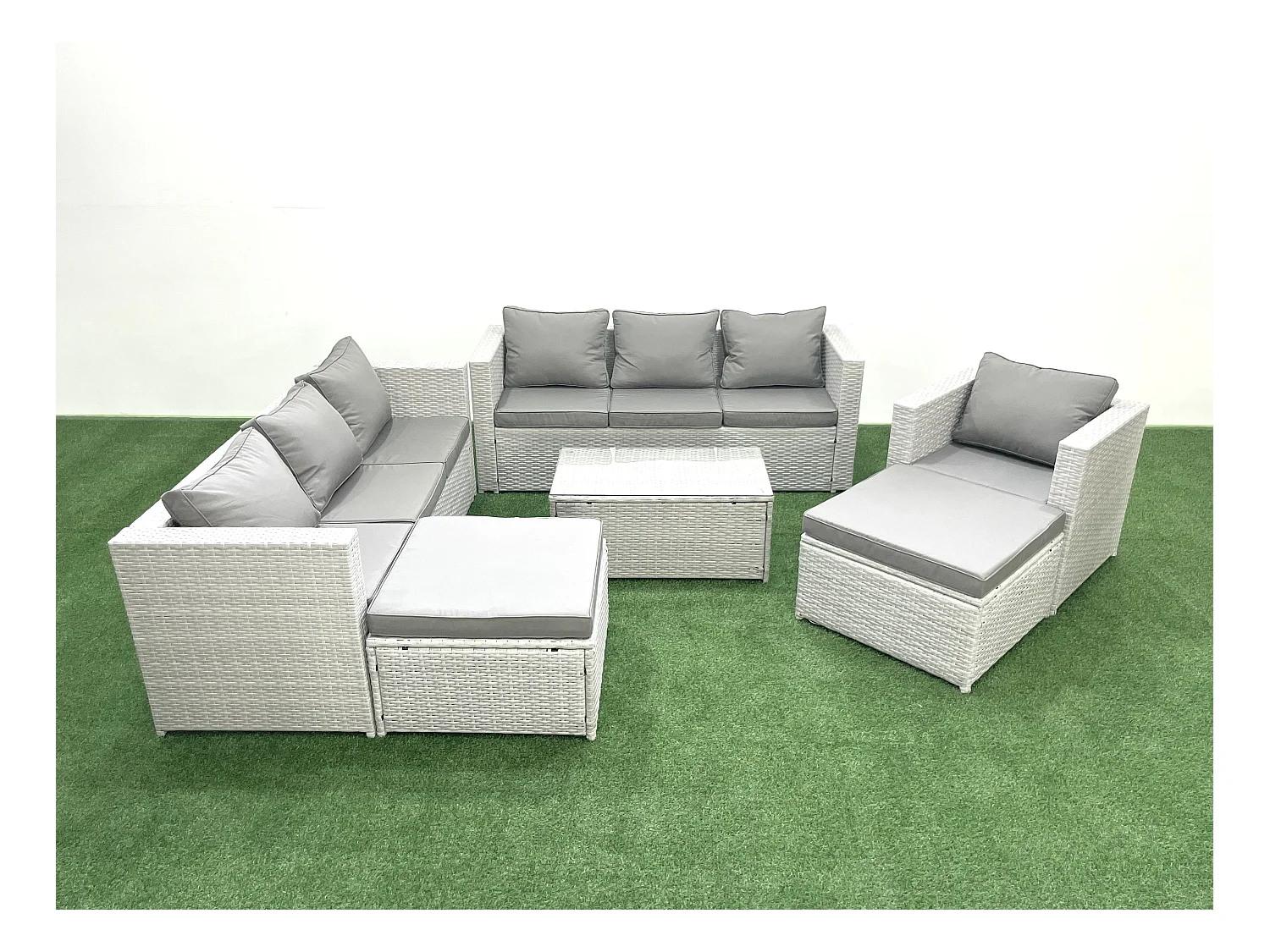 Polyrattan Sofa Gartenmöbel Set mit Sessel Rechteckiger Couchtisch 2 hohen Hockern Hellgrau gemischt