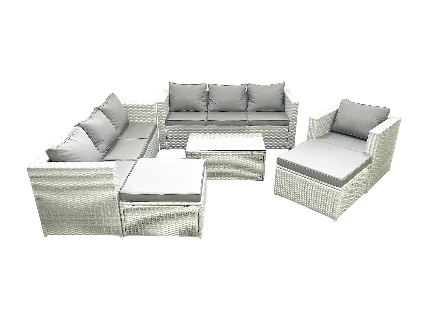 Polyrattan Sofa Gartenmöbel Set mit Sessel Rechteckiger Couchtisch 2 hohen Hockern Hellgrau gemischt