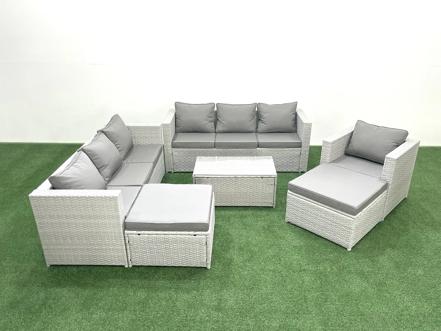 Polyrattan Sofa Gartenmöbel Set mit Sessel Rechteckiger Couchtisch 2 hohen Hockern Hellgrau gemischt