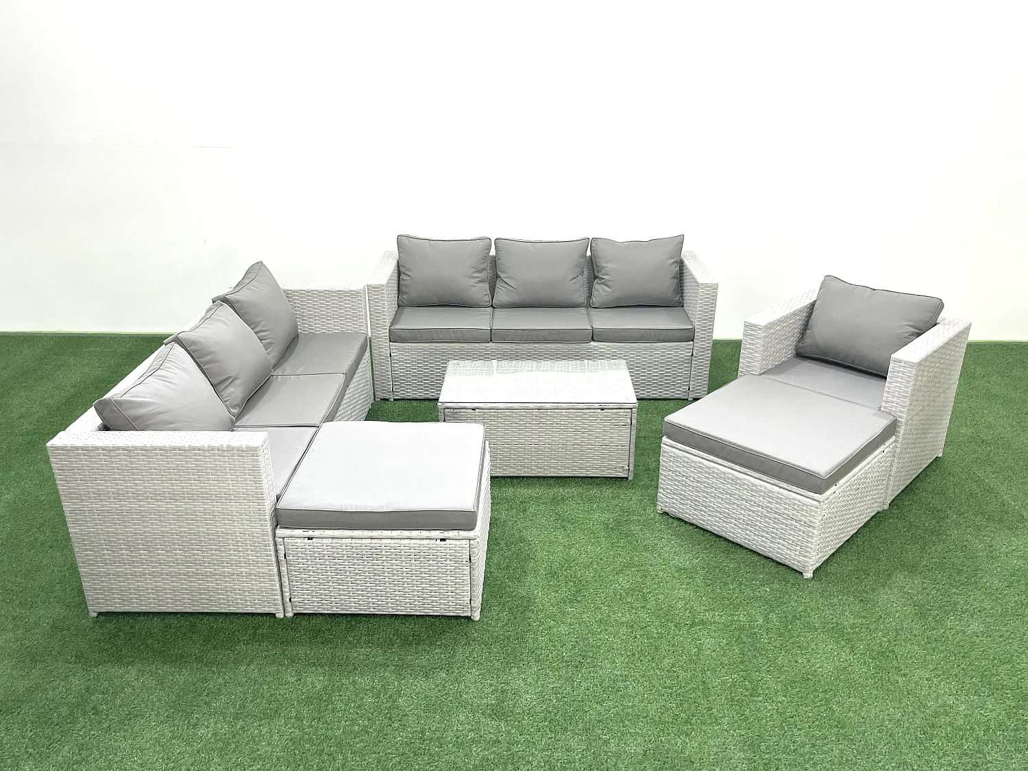 Polyrattan Sofa Gartenmöbel Set mit Sessel Rechteckiger Couchtisch 2 hohen Hockern Hellgrau gemischt
