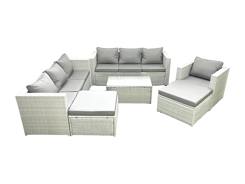 Polyrattan Sofa Gartenmöbel Set mit Sessel Rechteckiger Couchtisch 2 hohen Hockern Hellgrau gemischt