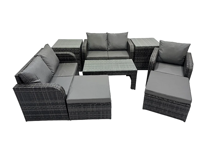 8 Pcs Ensembles de salon de jardin avec 2 Tables d'appoint 2 Grand tabourets Gris foncé mixte