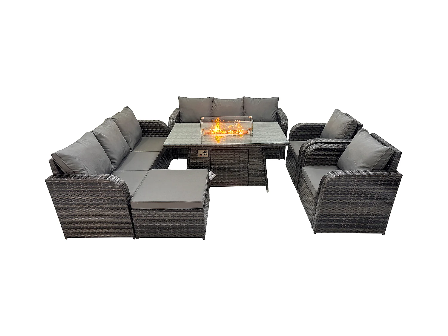 Polyrattan Gartenmöbel Set Garten Sofa im Freien Gasfeuerstelle Esstisch und Sofa set mit Sessel 2 Großer Hockern