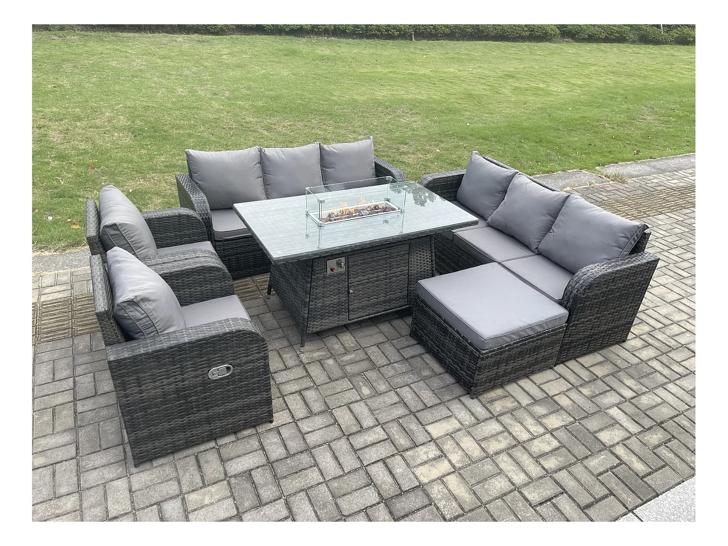 Polyrattan Gartenmöbel Set Garten Sofa im Freien Gasfeuerstelle Esstisch und Sofa set mit Sessel 2 Großer Hockern