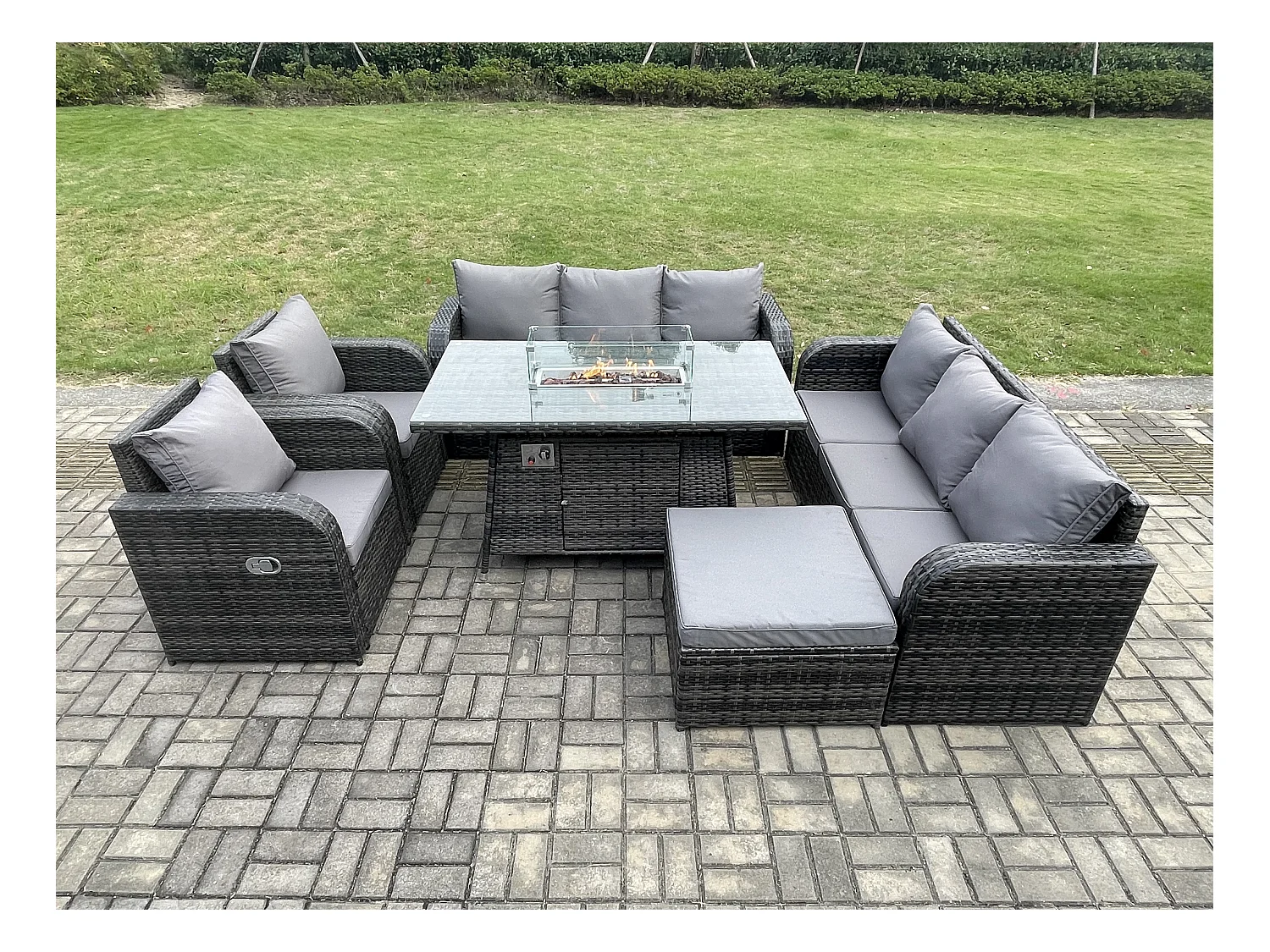 Polyrattan Gartenmöbel Set Garten Sofa im Freien Gasfeuerstelle Esstisch und Sofa set mit Sessel 2 Großer Hockern