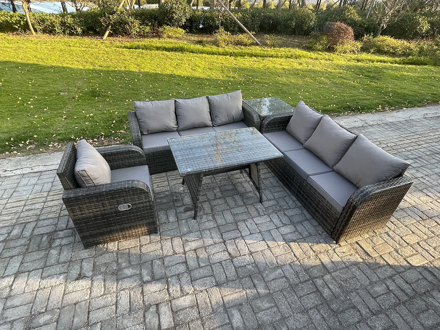 Garten Sofa im Freien Set Polyrattan Gartenmöbel Set mit Rechteckiger Esstisch Liegestühle Beistelltisch Dunkelgrau Gemischt