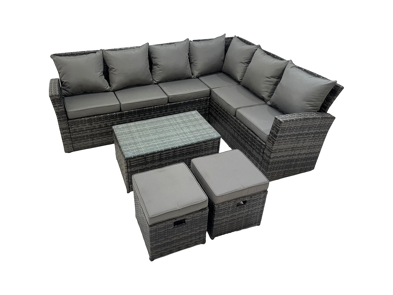 Polyrattan Gartenmöbel-Set Hochlehniges Rattan-Ecksofa Set mit Rechteckiger Couchtisch 2 kleine Fußhockern