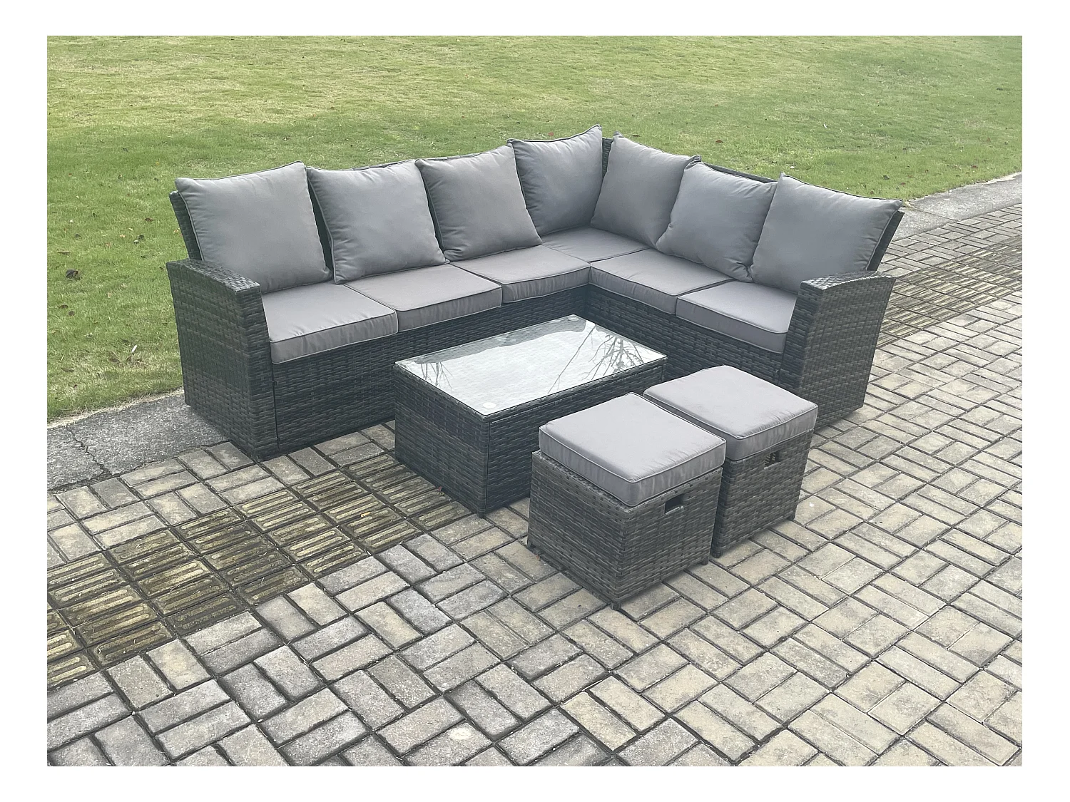 Polyrattan Gartenmöbel-Set Hochlehniges Rattan-Ecksofa Set mit Rechteckiger Couchtisch 2 kleine Fußhockern
