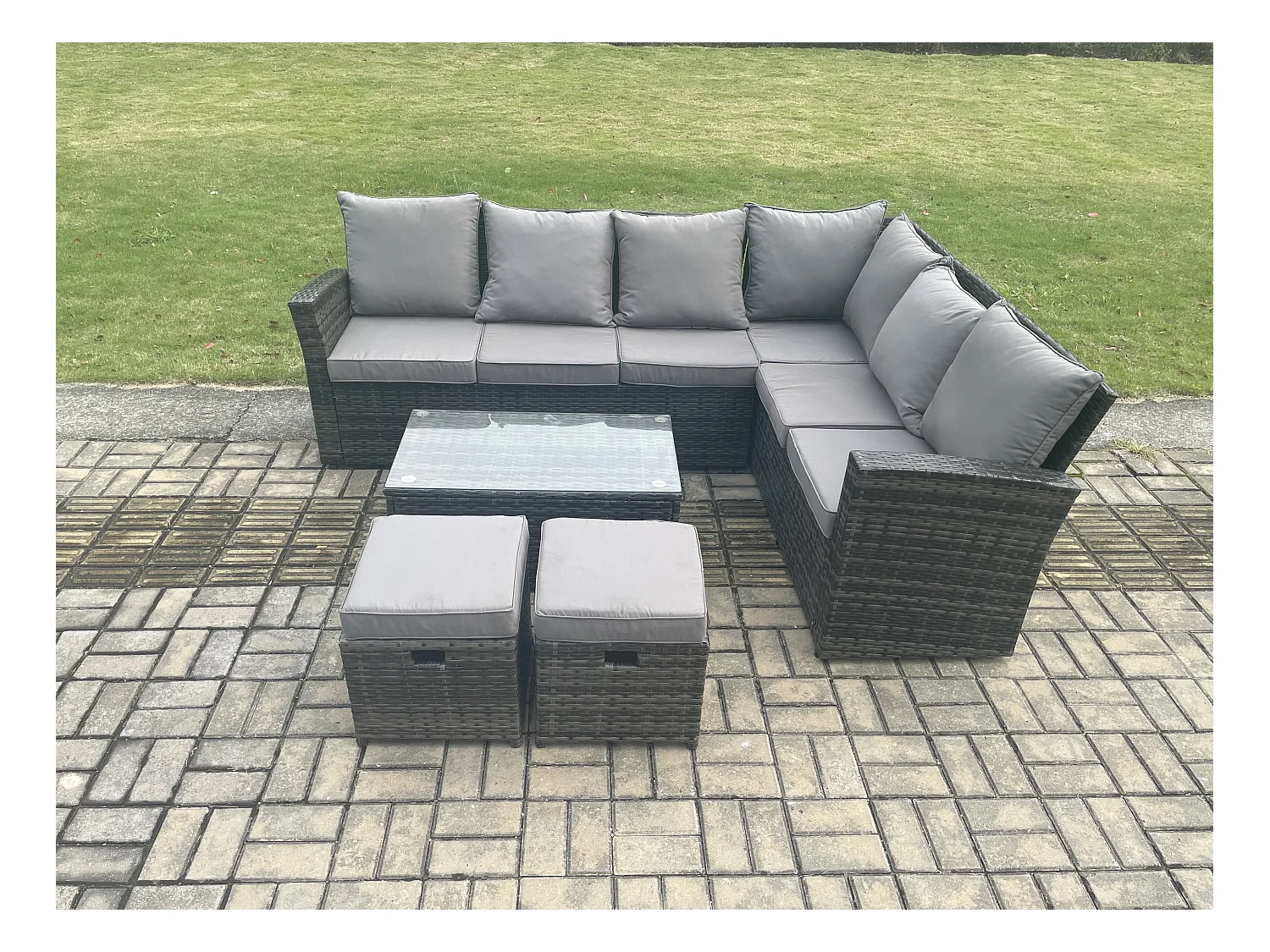 Polyrattan Gartenmöbel-Set Hochlehniges Rattan-Ecksofa Set mit Rechteckiger Couchtisch 2 kleine Fußhockern