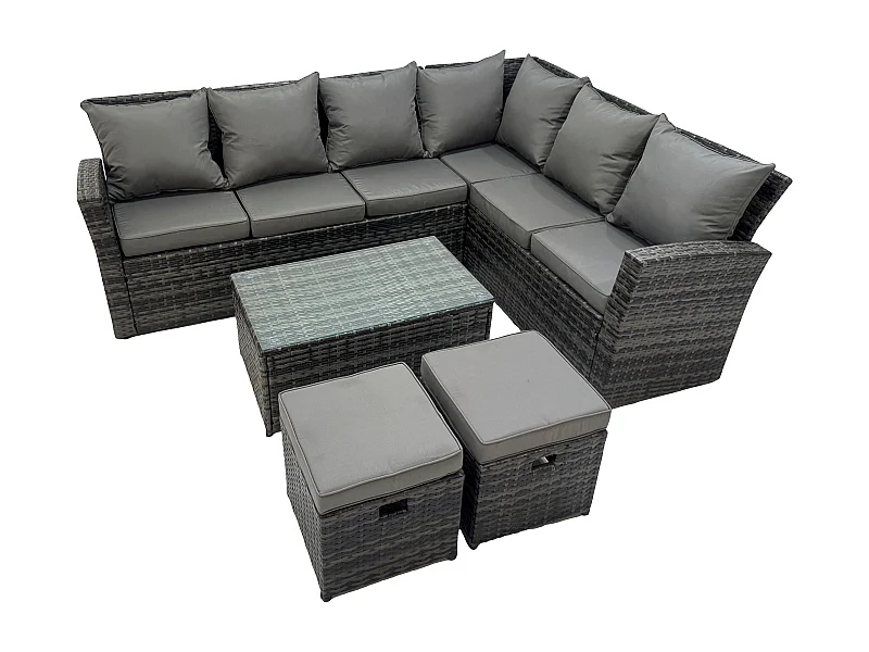Polyrattan Gartenmöbel-Set Hochlehniges Rattan-Ecksofa Set mit Rechteckiger Couchtisch 2 kleine Fußhockern