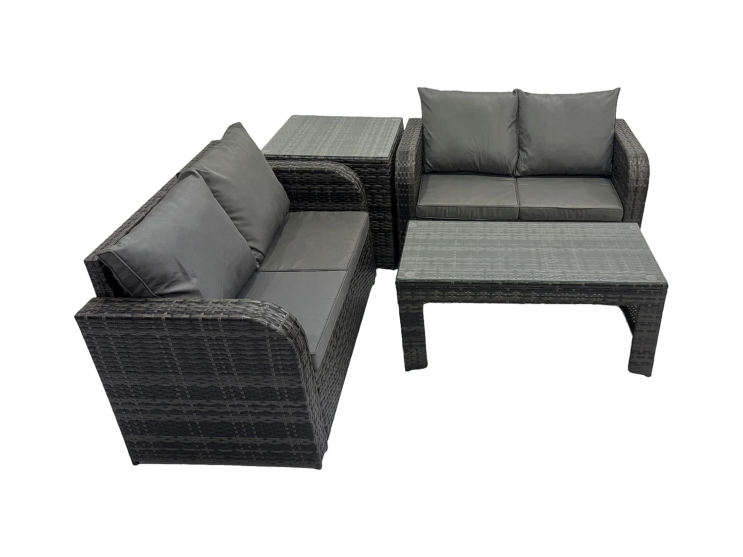 Hoher Rücken Polyrattan Gartenmöbel Set mit Loveseat Sofa Rechteckiger Couchtisch Garten Lounge Set Dunkelgrau Gemischt