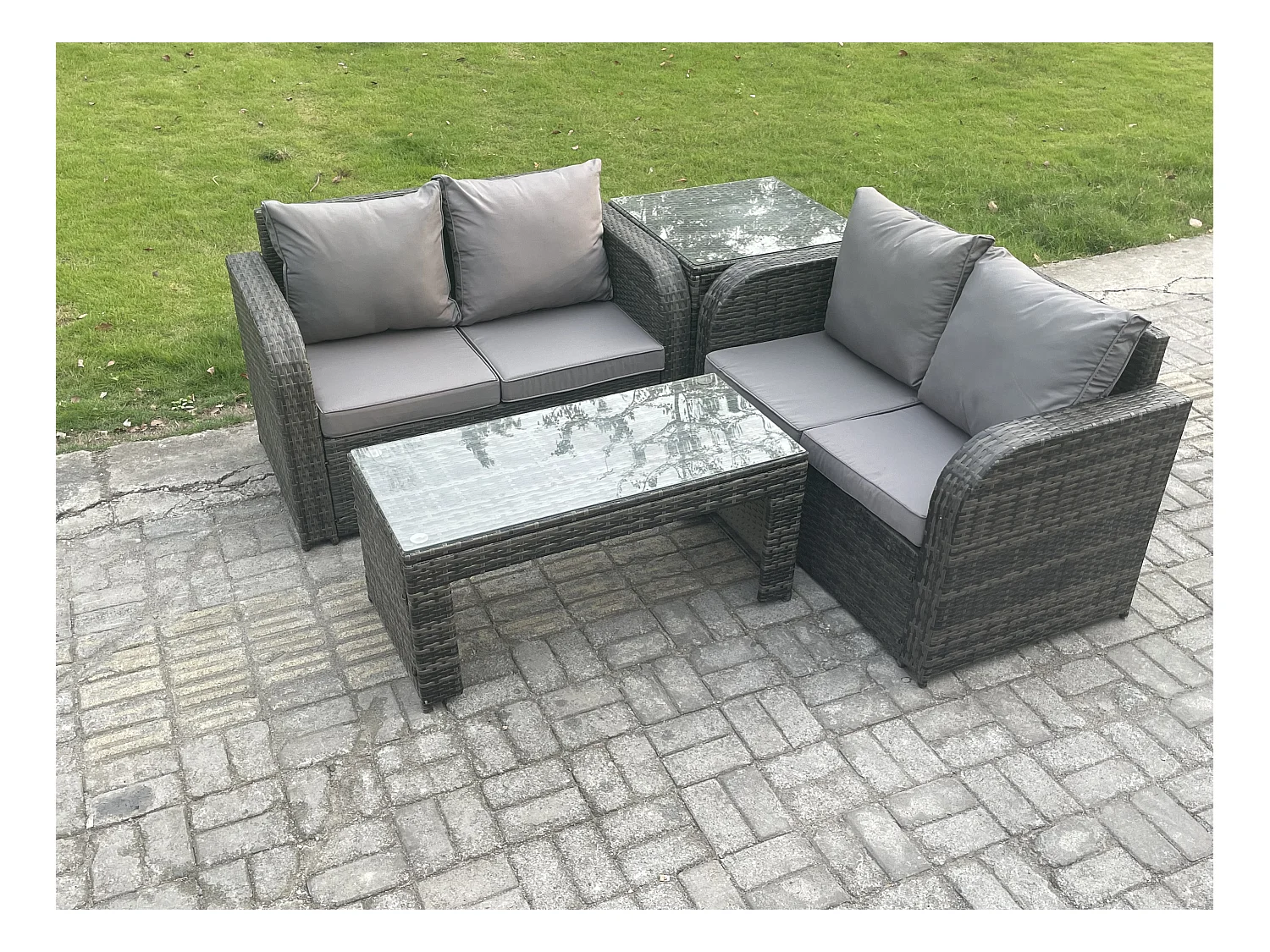 Hoher Rücken Polyrattan Gartenmöbel Set mit Loveseat Sofa Rechteckiger Couchtisch Garten Lounge Set Dunkelgrau Gemischt