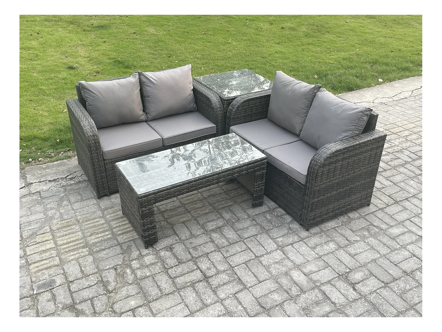 Hoher Rücken Polyrattan Gartenmöbel Set mit Loveseat Sofa Rechteckiger Couchtisch Garten Lounge Set Dunkelgrau Gemischt