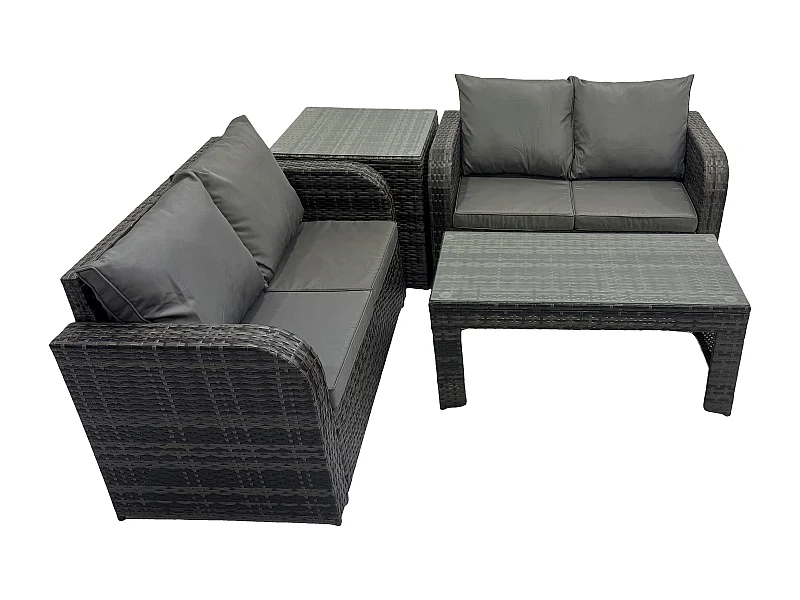 Hoher Rücken Polyrattan Gartenmöbel Set mit Loveseat Sofa Rechteckiger Couchtisch Garten Lounge Set Dunkelgrau Gemischt