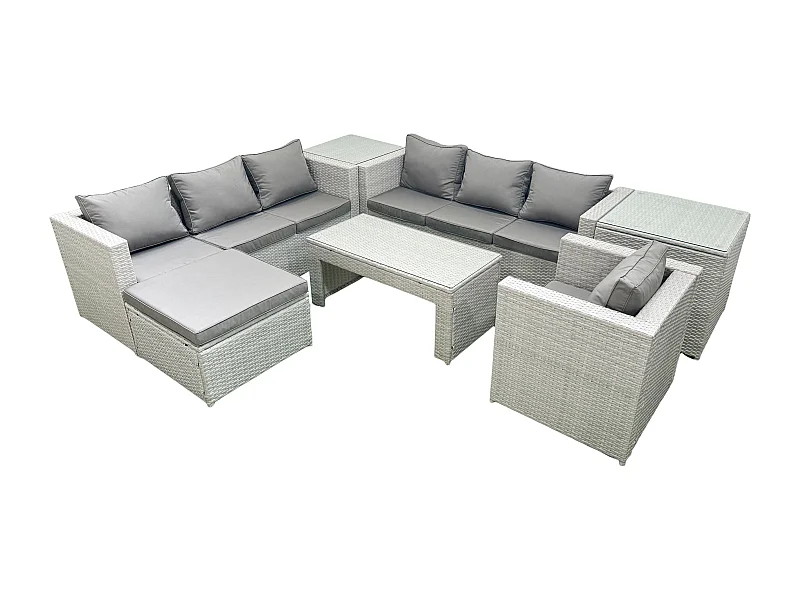 Polyrattan Gartenmöbel-Set im Freien mit Rechteckiger Couchtisch Sessel 2 Großer Hockern 2 Beistelltischen Hellgrau gemischt