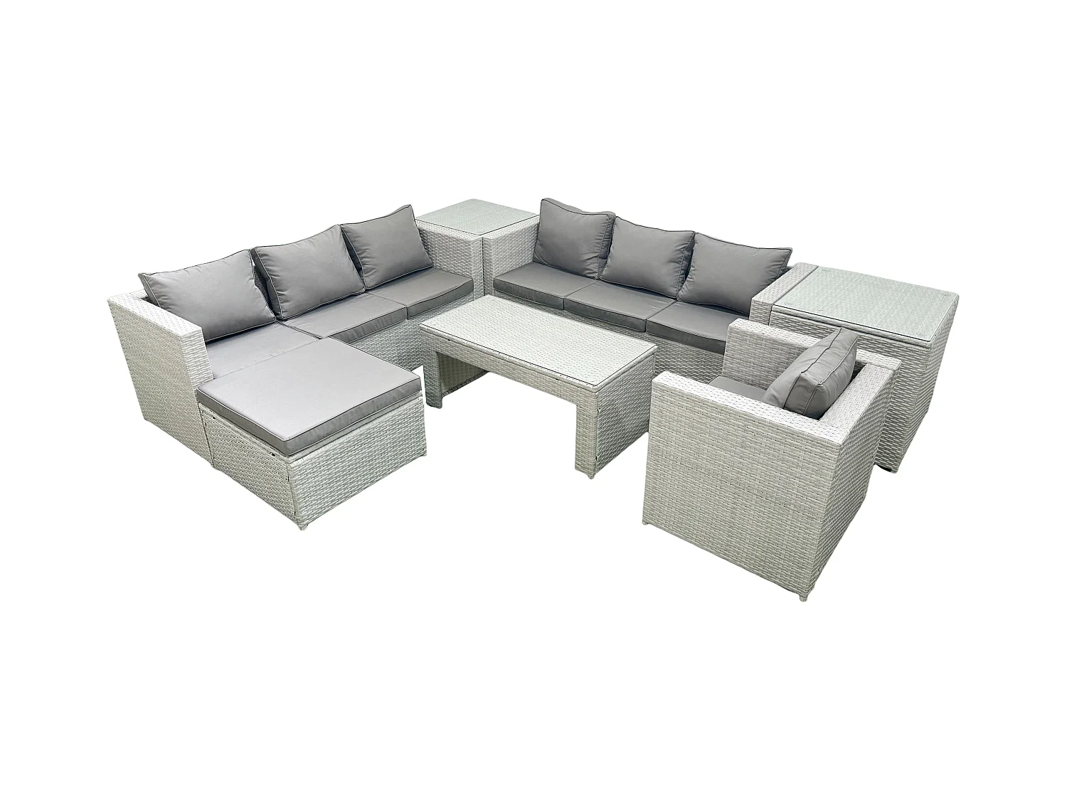 Polyrattan Gartenmöbel-Set im Freien mit Rechteckiger Couchtisch Sessel 2 Großer Hockern 2 Beistelltischen Hellgrau gemischt