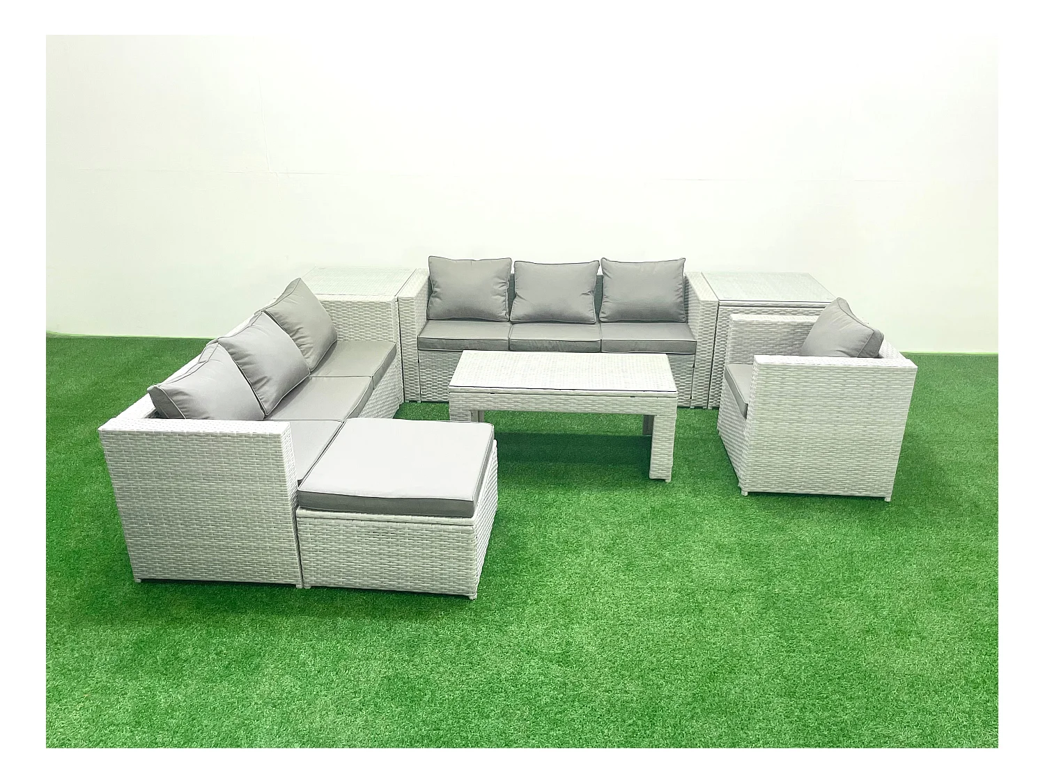 Polyrattan Gartenmöbel-Set im Freien mit Rechteckiger Couchtisch Sessel 2 Großer Hockern 2 Beistelltischen Hellgrau gemischt