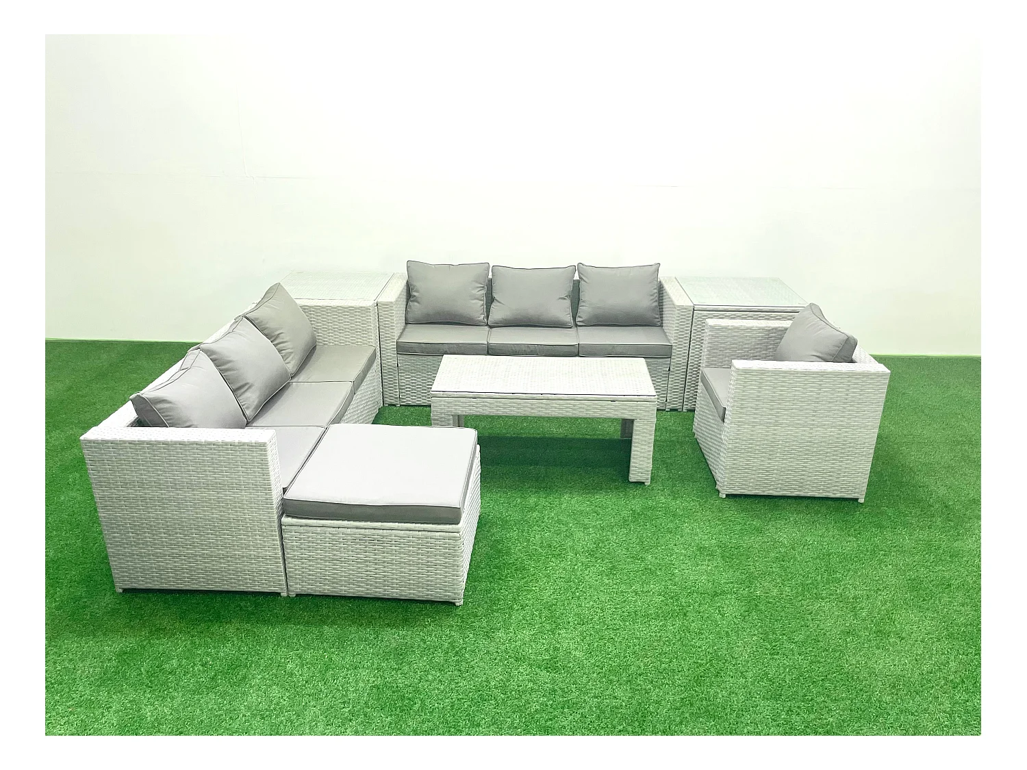 Polyrattan Gartenmöbel-Set im Freien mit Rechteckiger Couchtisch Sessel 2 Großer Hockern 2 Beistelltischen Hellgrau gemischt