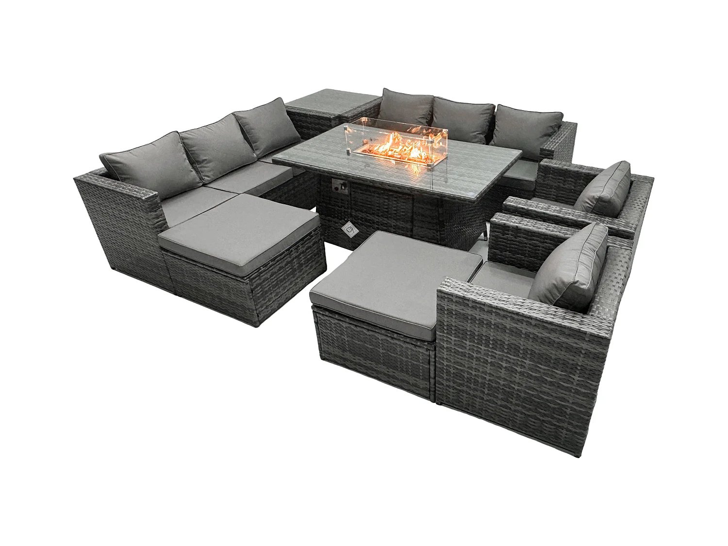 Ensemble de meubles de jardin en rotin ave Table de foyer à gaz 10 places Ensemble de canapés avec Table d'appoint 2 Grand tabourets