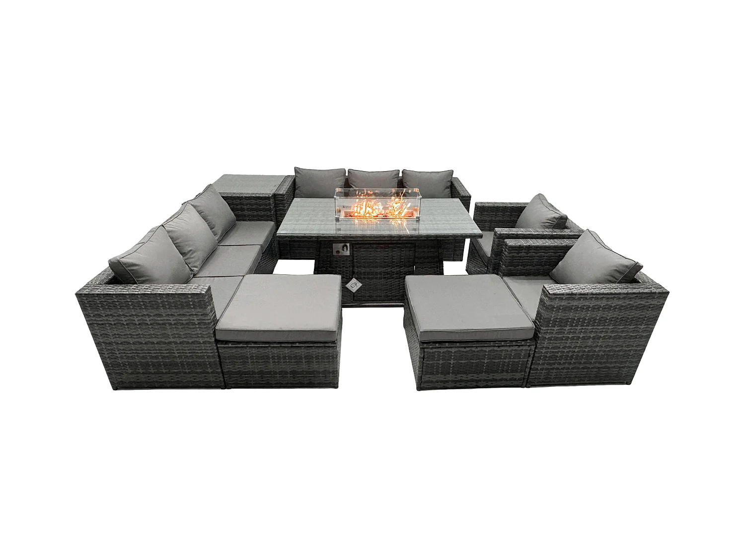 Rattan Gartenmöbel Set 10-Sitzer Garten Sofa Gas Feuertisch Set mit Beistelltisch 2 hohen Hockern
