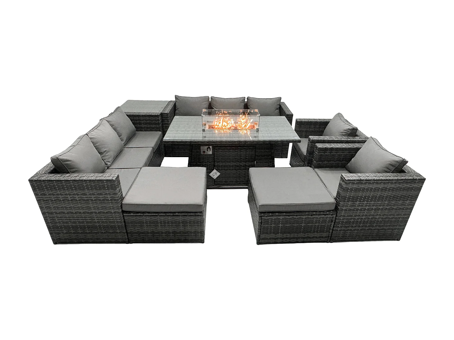 Rattan Gartenmöbel Set 10-Sitzer Garten Sofa Gas Feuertisch Set mit Beistelltisch 2 hohen Hockern