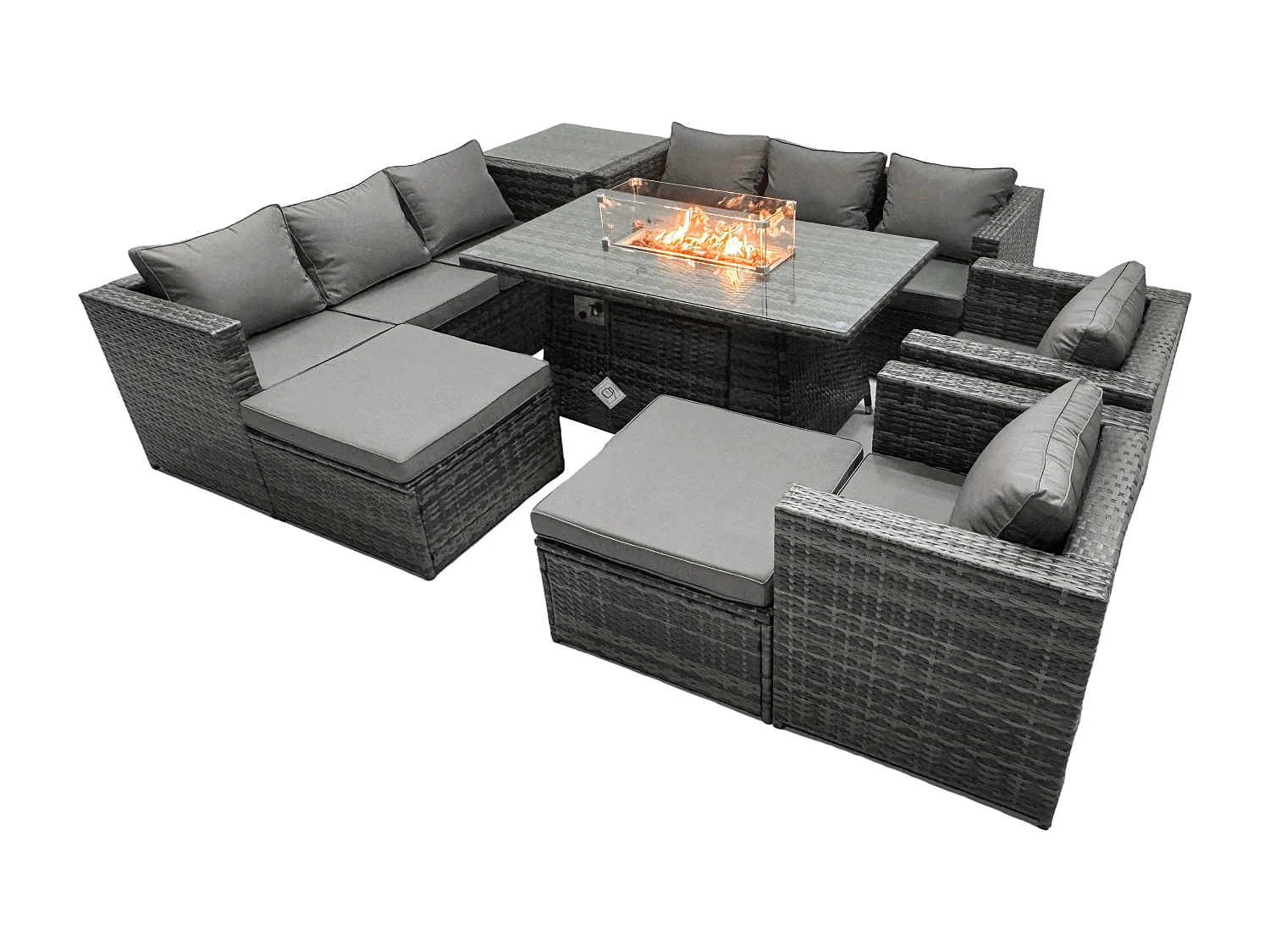 Rattan Gartenmöbel Set 10-Sitzer Garten Sofa Gas Feuertisch Set mit Beistelltisch 2 hohen Hockern