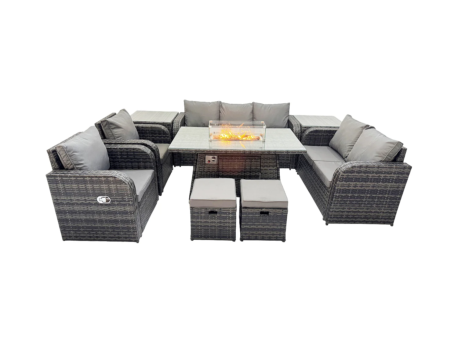 9-Sitzer Polyrattan Gartenmöbelset Gasfeuerstelle Esstisch und Sofa Sessel set mit 2 Beistelltischen 2 kleine Fußhockern