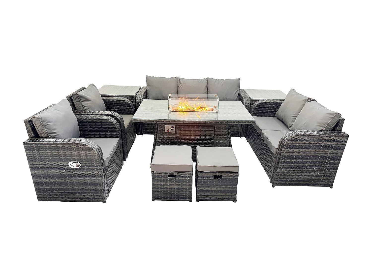 9-Sitzer Polyrattan Gartenmöbelset Gasfeuerstelle Esstisch und Sofa Sessel set mit 2 Beistelltischen 2 kleine Fußhockern