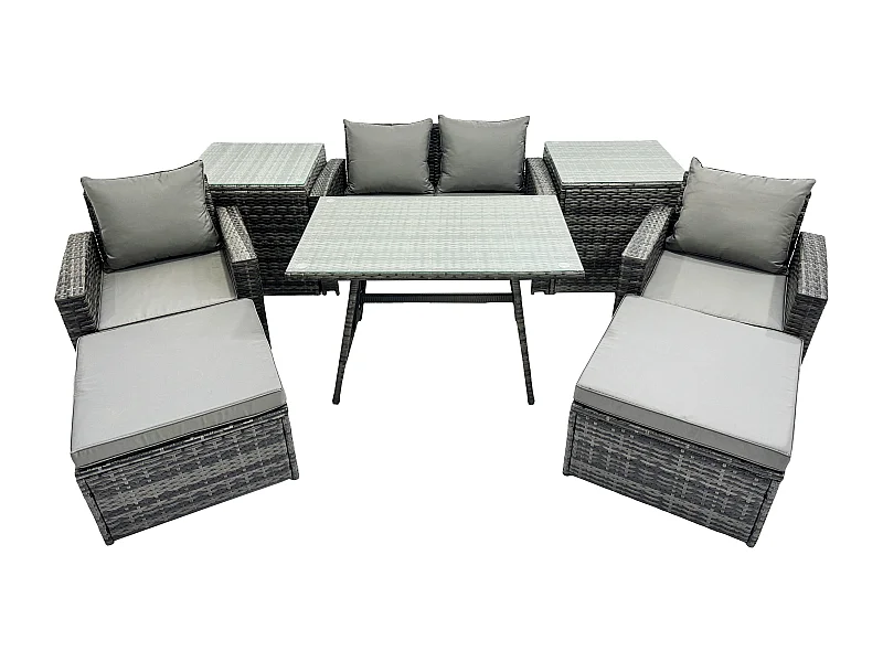 Rattan Wicker Gartenmöbel 6-Sitzer Patio Sofa Set mit Rechteckiger Esstisch Sessel 2-Sitzer Sofa 2 hohen Hockern 2 Beistelltischen