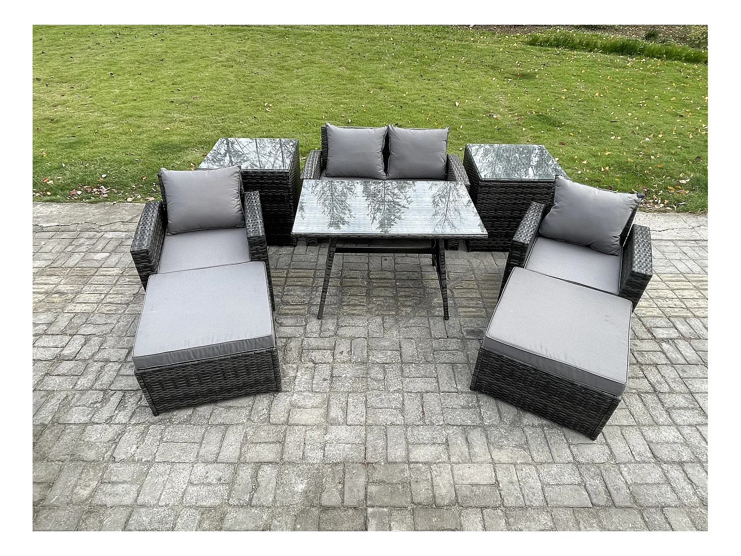 Rattan Wicker Gartenmöbel 6-Sitzer Patio Sofa Set mit Rechteckiger Esstisch Sessel 2-Sitzer Sofa 2 hohen Hockern 2 Beistelltischen