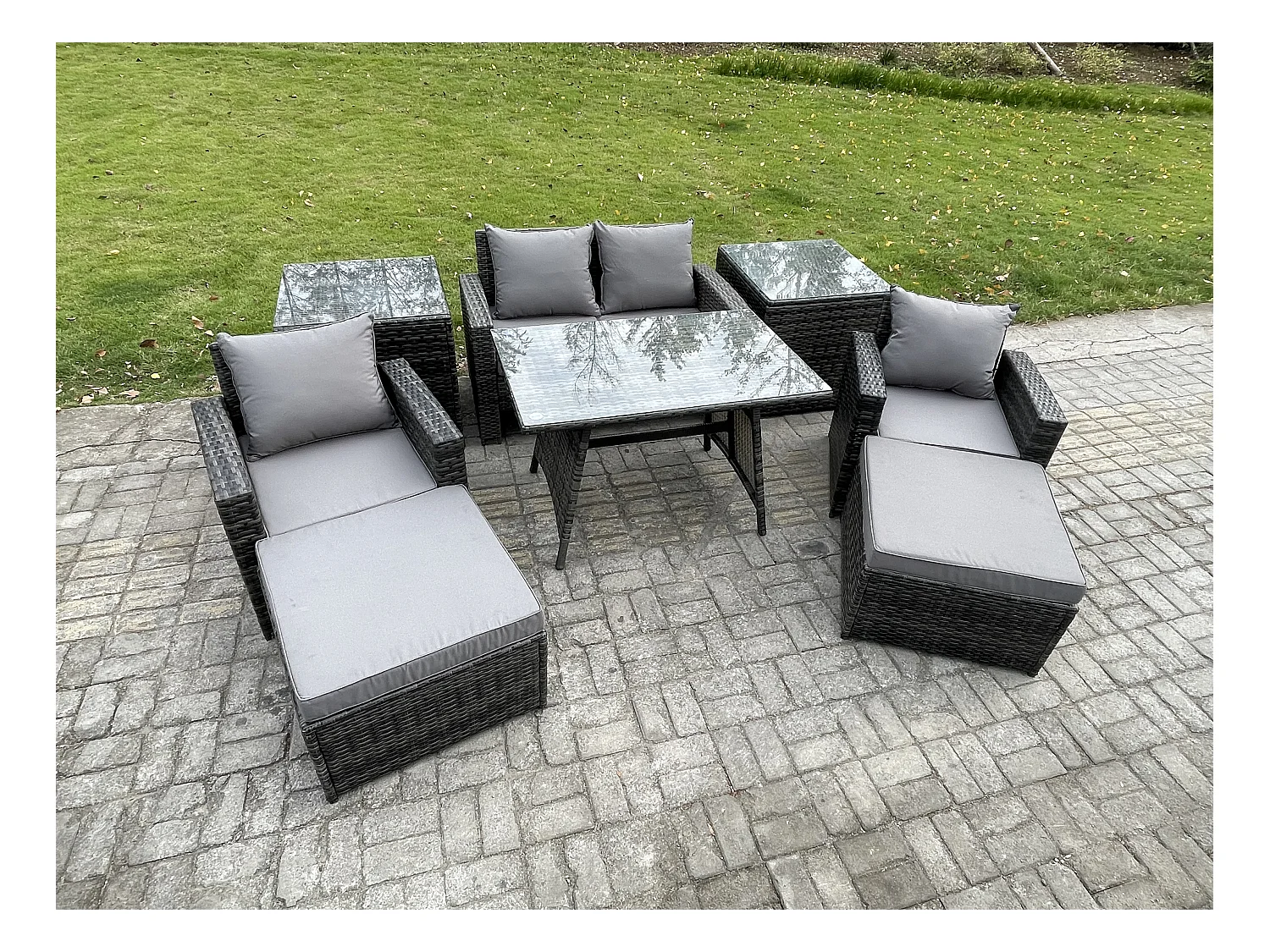 Rattan Wicker Gartenmöbel 6-Sitzer Patio Sofa Set mit Rechteckiger Esstisch Sessel 2-Sitzer Sofa 2 hohen Hockern 2 Beistelltischen