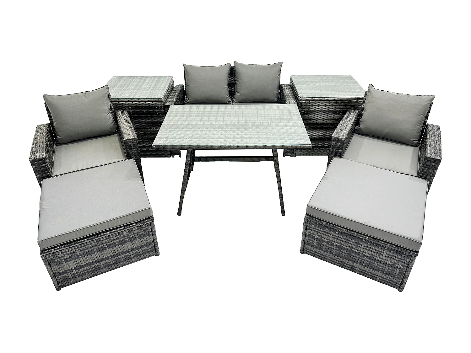 Rattan Wicker Gartenmöbel 6-Sitzer Patio Sofa Set mit Rechteckiger Esstisch Sessel 2-Sitzer Sofa 2 hohen Hockern 2 Beistelltischen