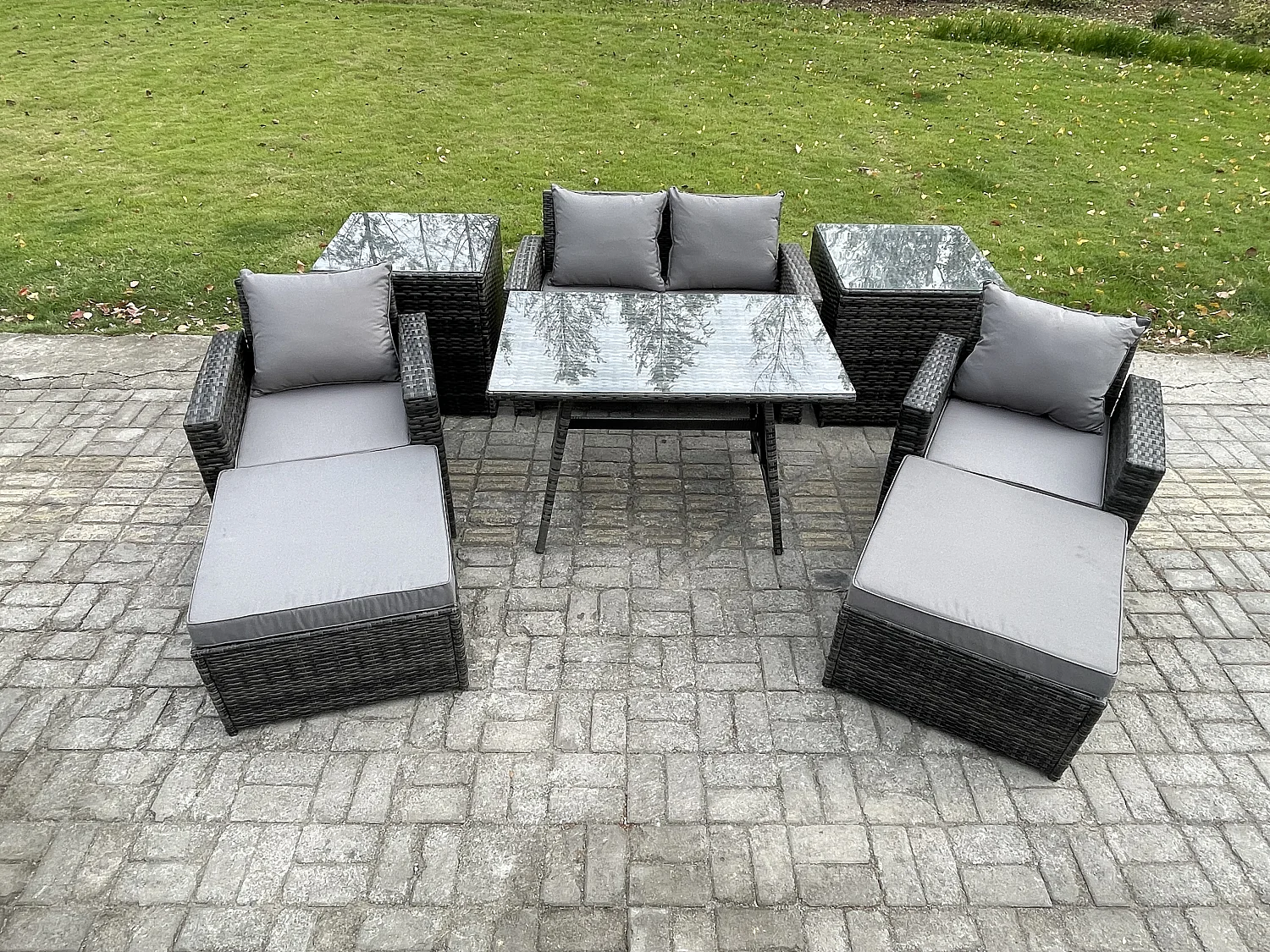Rattan Wicker Gartenmöbel 6-Sitzer Patio Sofa Set mit Rechteckiger Esstisch Sessel 2-Sitzer Sofa 2 hohen Hockern 2 Beistelltischen