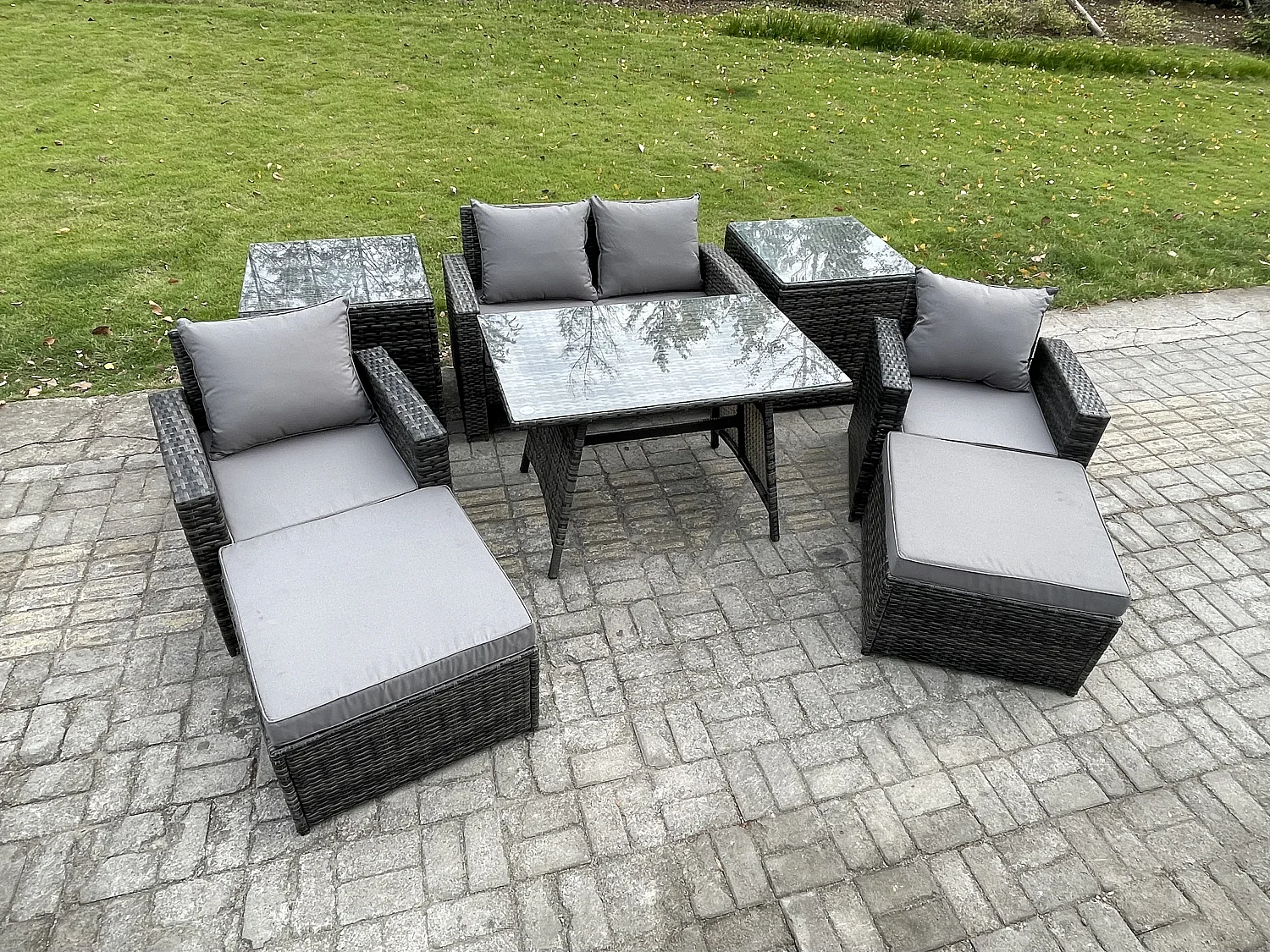 Rattan Wicker Gartenmöbel 6-Sitzer Patio Sofa Set mit Rechteckiger Esstisch Sessel 2-Sitzer Sofa 2 hohen Hockern 2 Beistelltischen