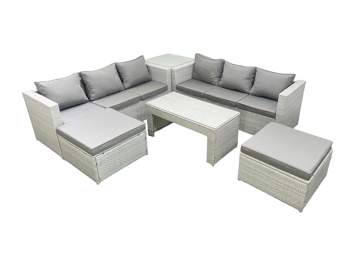 8-Sitzer Gartenmöbel-Set im Freien Polyrattan Garten Sofa Rechteckiger Couchtisch Set mit 2 hohen Hockern Beistelltisch Hellgrau gemischt