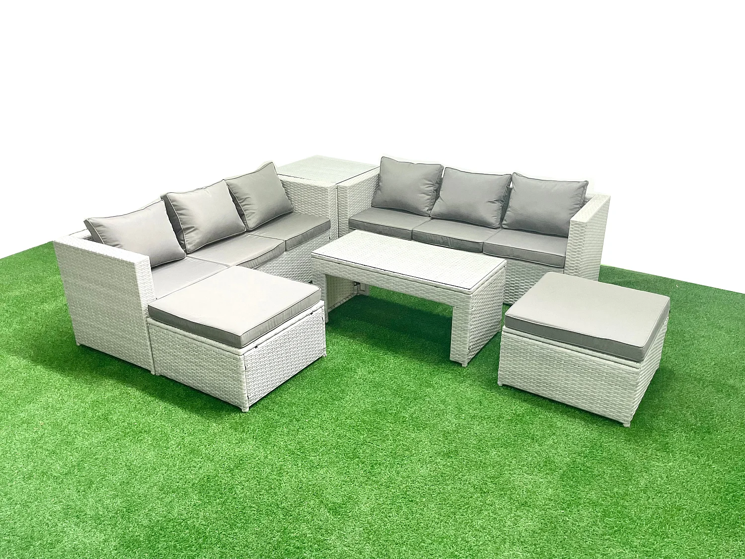 8-Sitzer Gartenmöbel-Set im Freien Polyrattan Garten Sofa Rechteckiger Couchtisch Set mit 2 hohen Hockern Beistelltisch Hellgrau gemischt