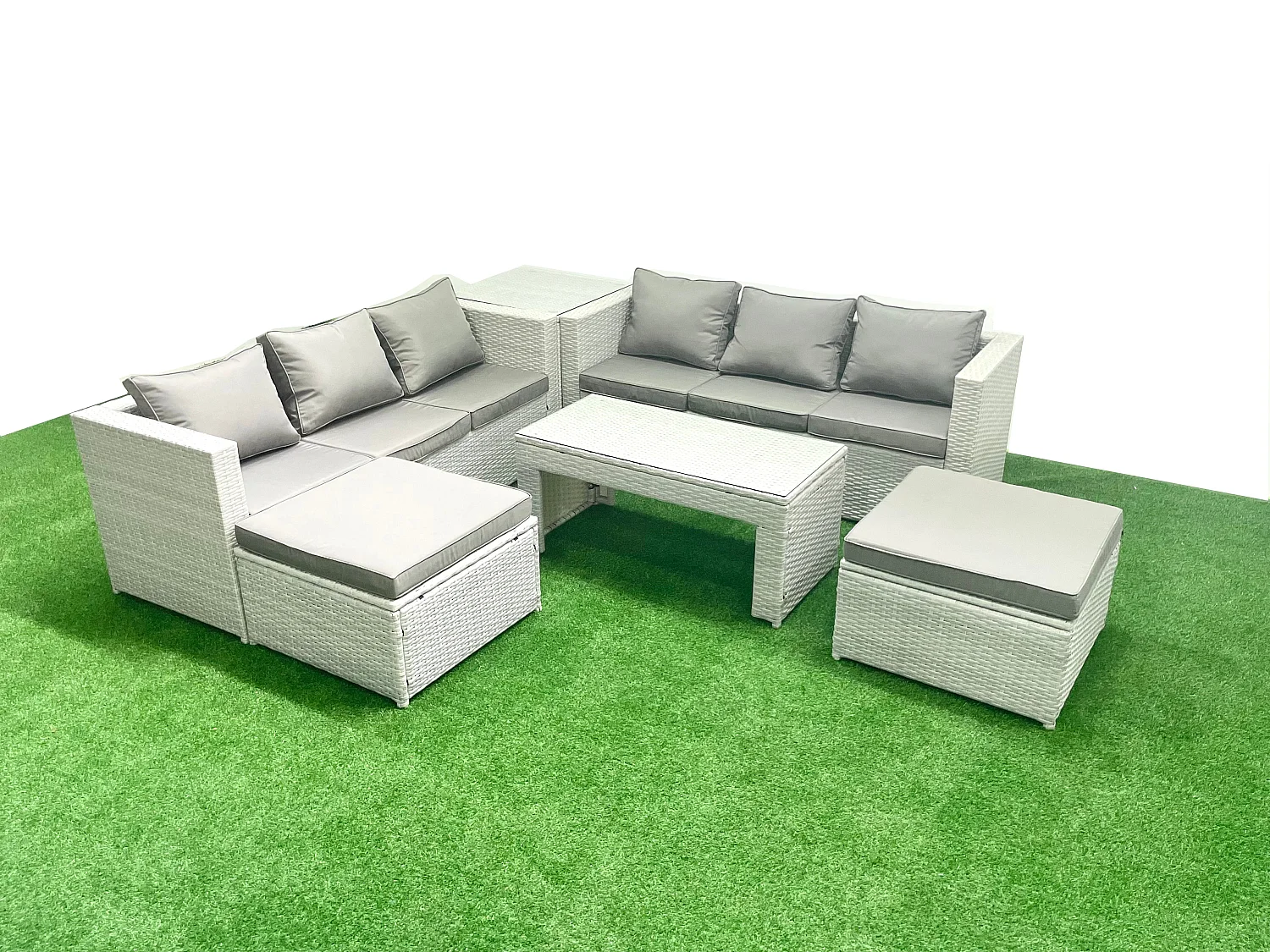 8-Sitzer Gartenmöbel-Set im Freien Polyrattan Garten Sofa Rechteckiger Couchtisch Set mit 2 hohen Hockern Beistelltisch Hellgrau gemischt