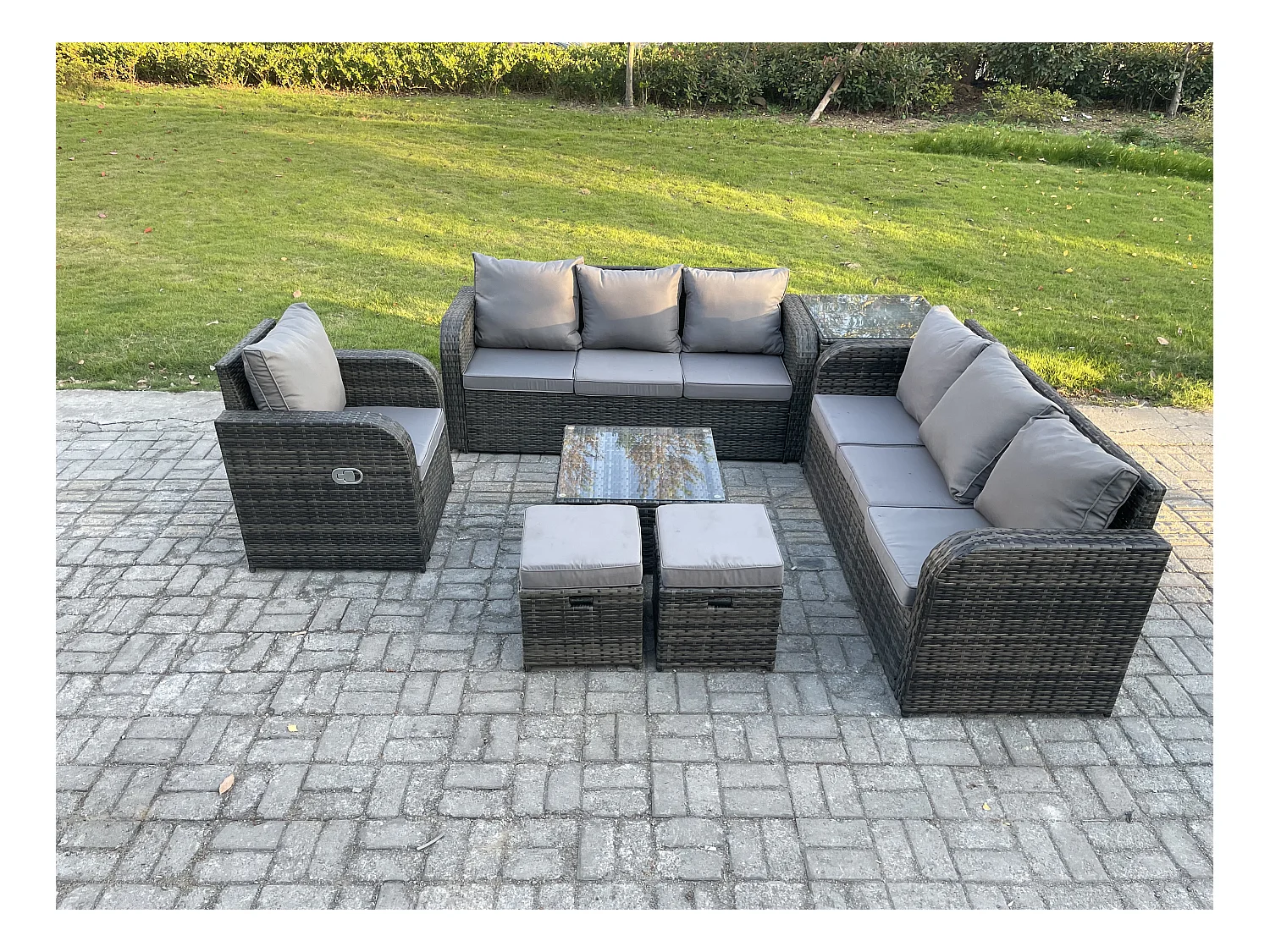 Salon de jardin exterieur avec Canapés Table basse carrée Chaise inclinable Table d'appoint 2 Petits tabourets Gris foncé mixte