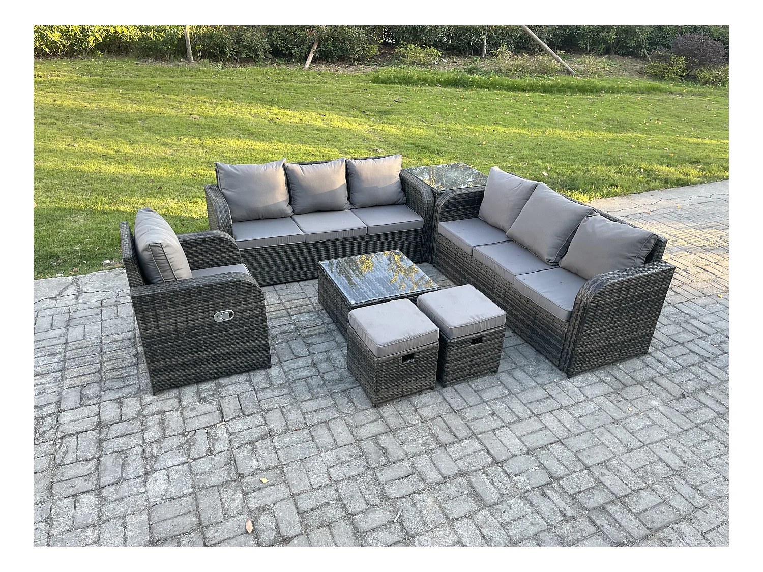 Salon de jardin exterieur avec Canapés Table basse carrée Chaise inclinable Table d'appoint 2 Petits tabourets Gris foncé mixte