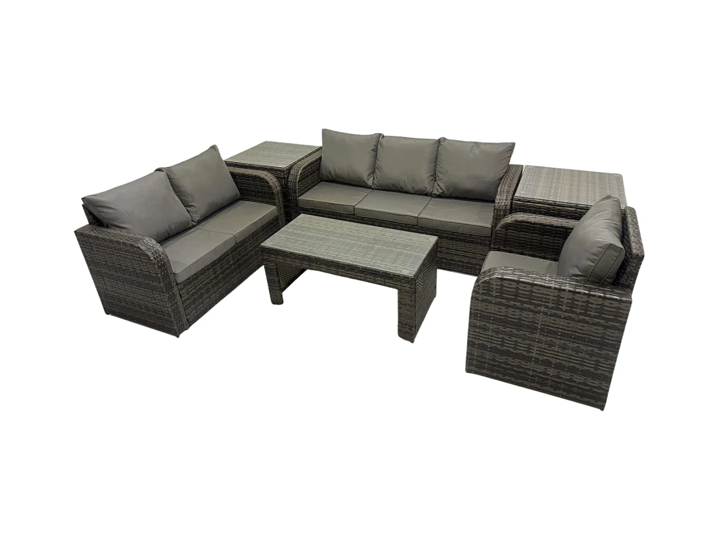6 places Dossier haut Salon de jardin avec Canapé d'amour Table basse rectangulaire 2 Tables d'appoint Ensemble de canapés en rotin Gris foncé mixte